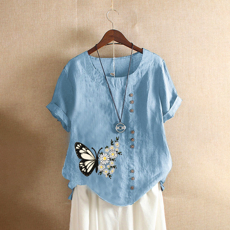 Butterfly Print Solid Color Short Sleeve Blouse-My Comfy Blouse