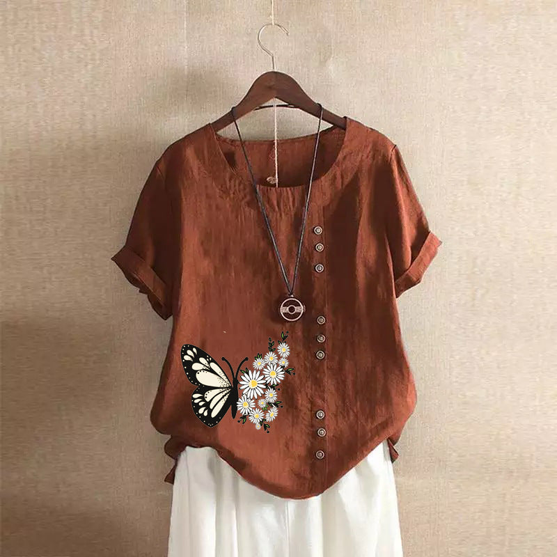Butterfly Print Solid Color Short Sleeve Blouse-My Comfy Blouse