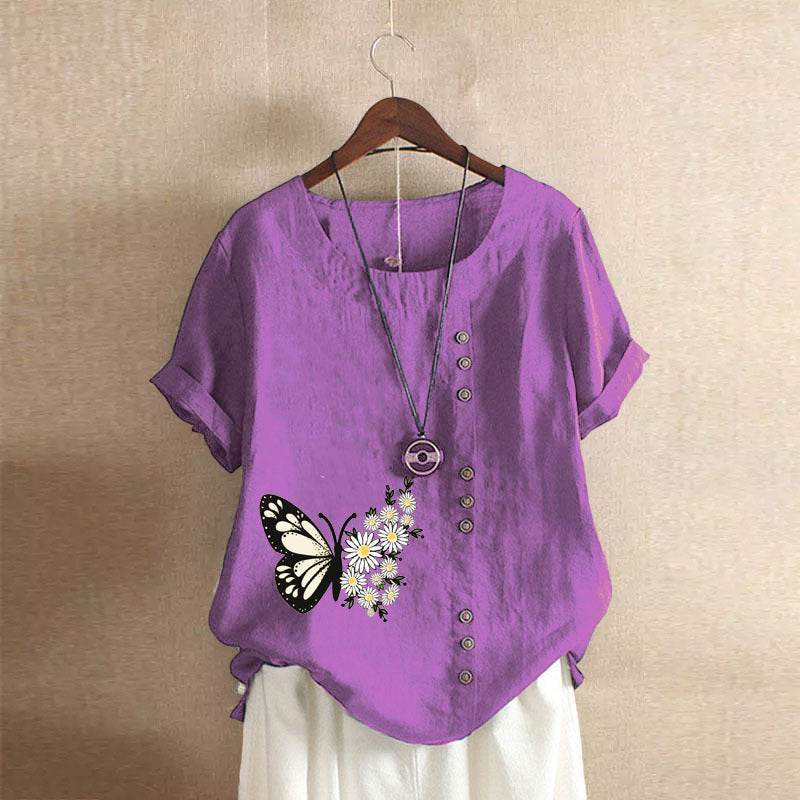 Butterfly Print Solid Color Short Sleeve Blouse-My Comfy Blouse