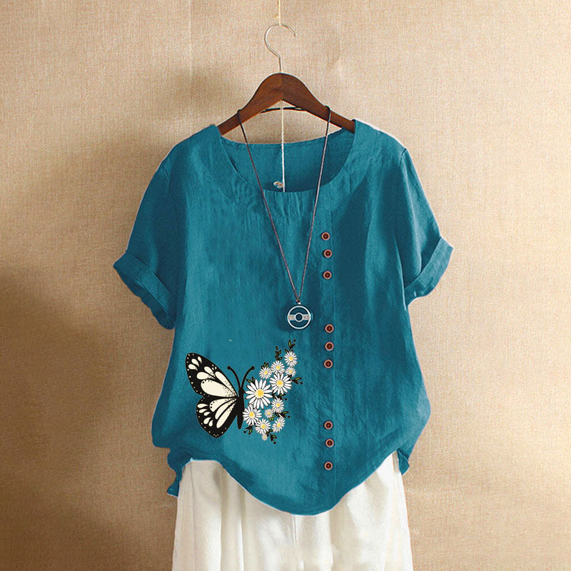 Butterfly Print Solid Color Short Sleeve Blouse-My Comfy Blouse