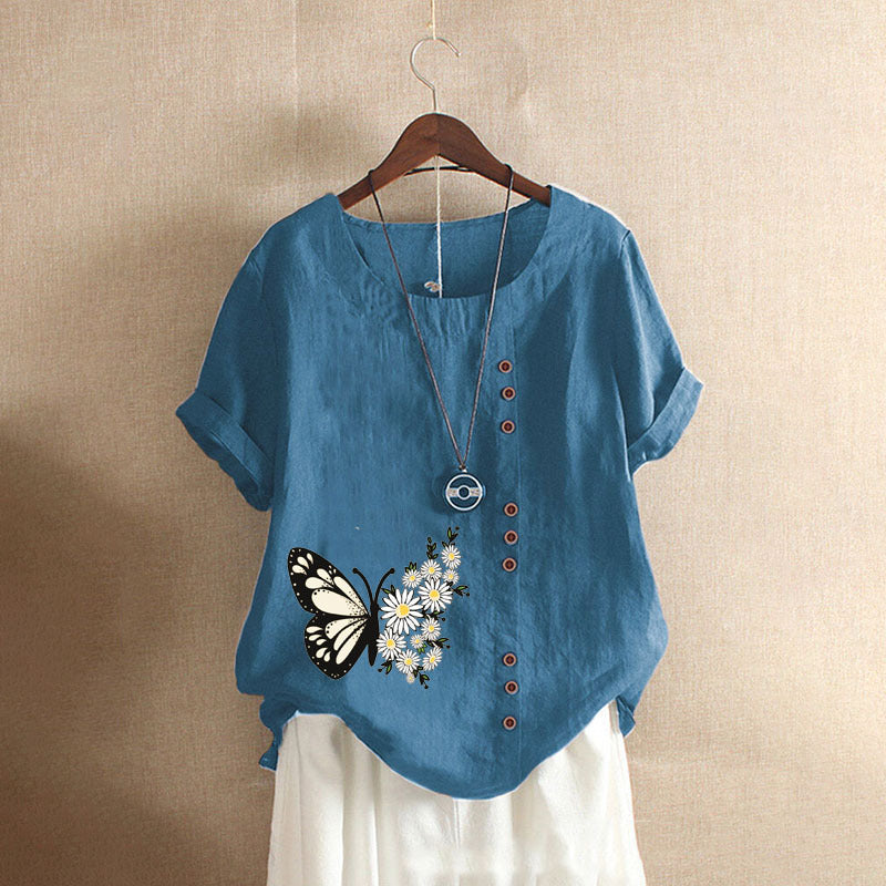 Butterfly Print Solid Color Short Sleeve Blouse-My Comfy Blouse