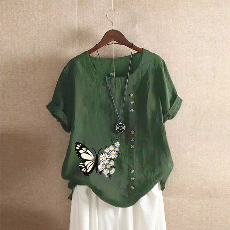 Butterfly Print Solid Color Short Sleeve Blouse-My Comfy Blouse