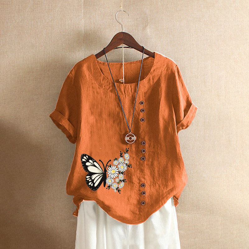 Butterfly Print Solid Color Short Sleeve Blouse-My Comfy Blouse