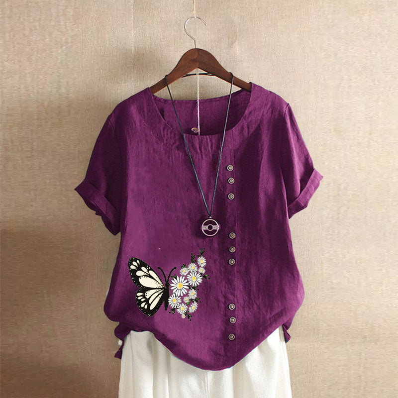 Butterfly Print Solid Color Short Sleeve Blouse-My Comfy Blouse
