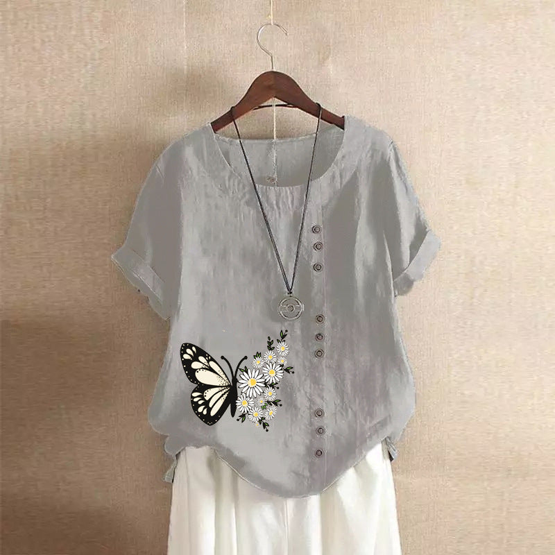 Butterfly Print Solid Color Short Sleeve Blouse-My Comfy Blouse