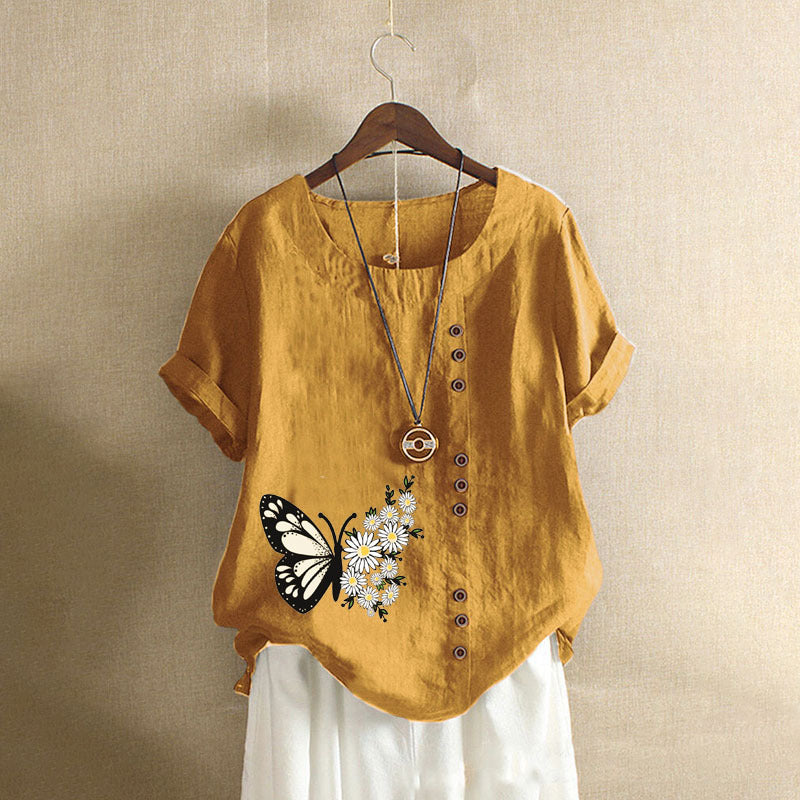 Butterfly Print Solid Color Short Sleeve Blouse-My Comfy Blouse