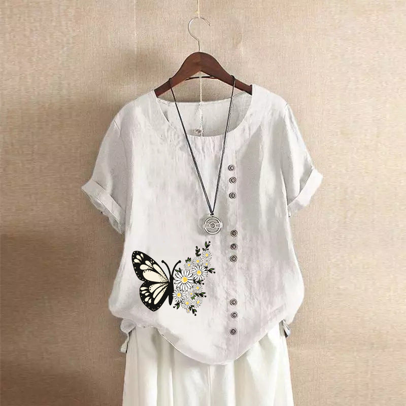 Butterfly Print Solid Color Short Sleeve Blouse-My Comfy Blouse