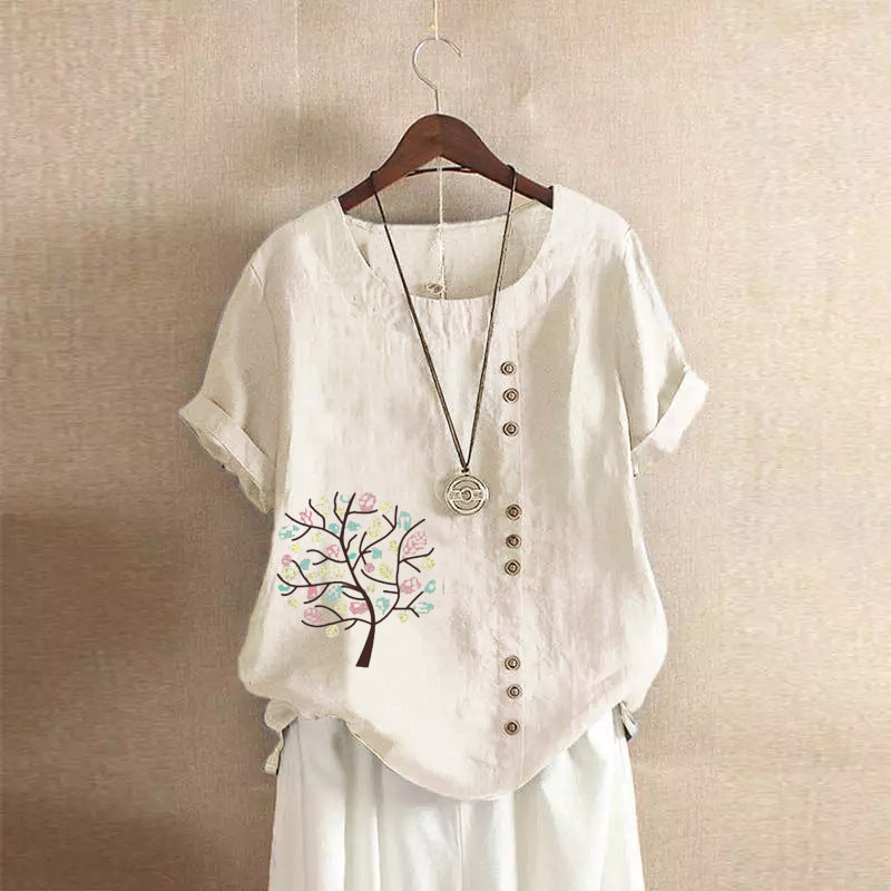 Happy Tree Print Vintage Cotton Blouse-My Comfy Blouse