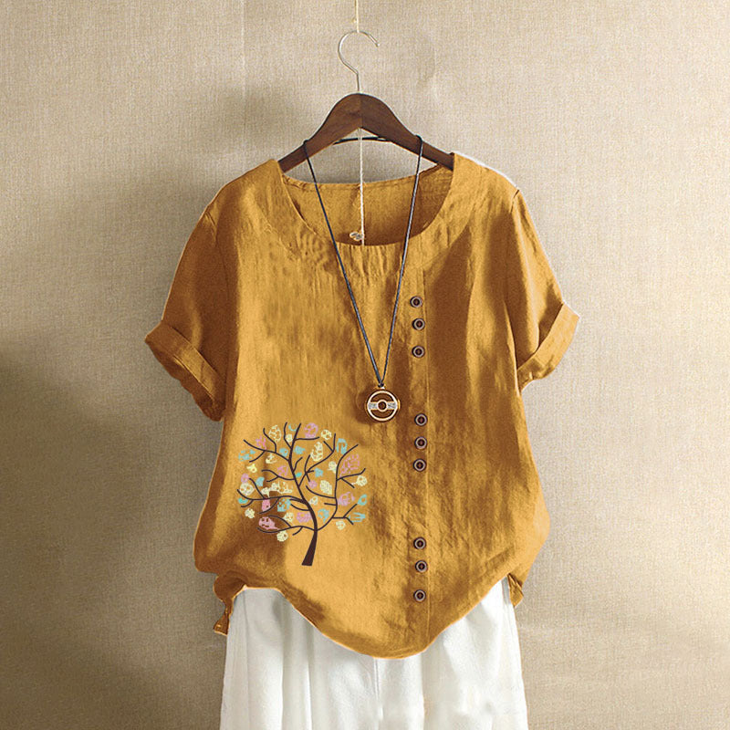 Happy Tree Print Vintage Cotton Blouse-My Comfy Blouse