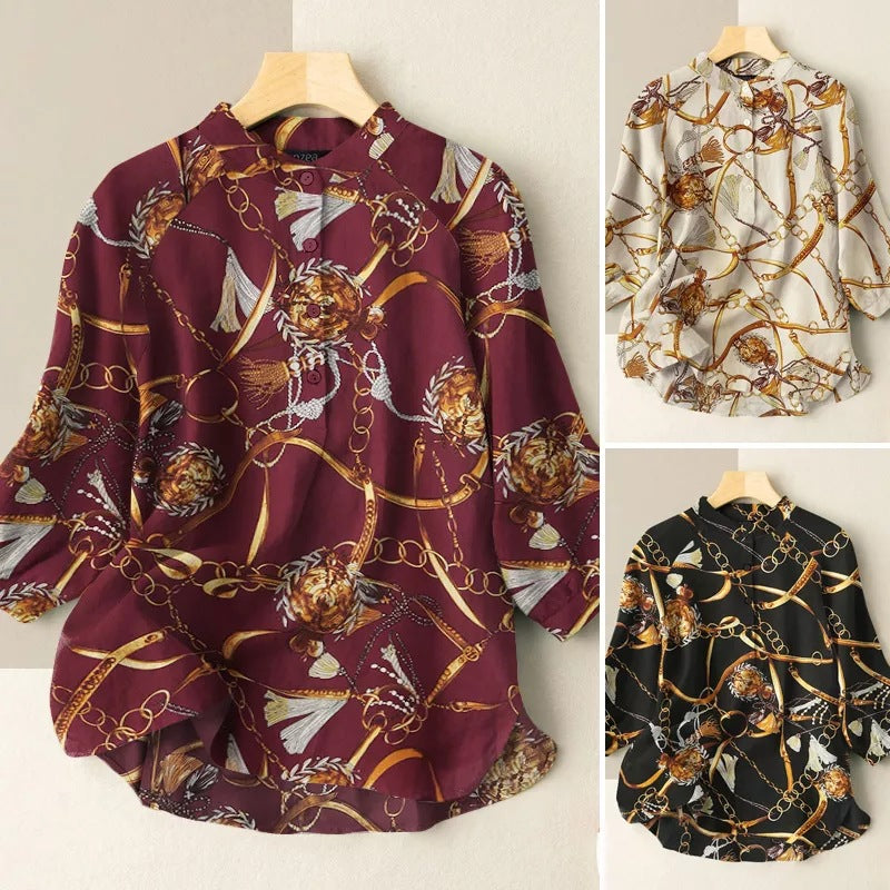 Chain Print Lantern Sleeve Blouse-My Comfy Blouse