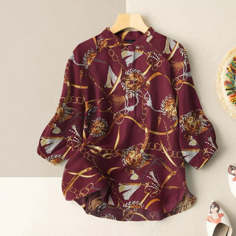 Chain Print Lantern Sleeve Blouse-My Comfy Blouse