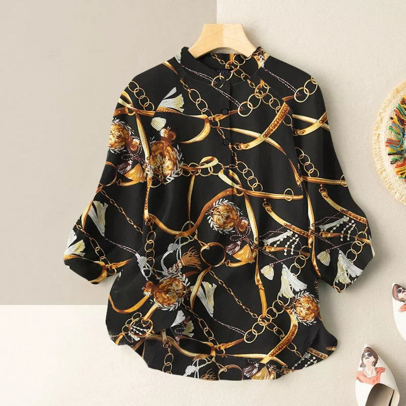Chain Print Lantern Sleeve Blouse-My Comfy Blouse