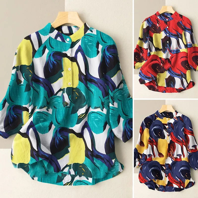 Abstract Print Lantern Sleeve Mandarin Collar Blouse-My Comfy Blouse