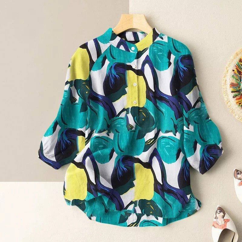 Abstract Print Lantern Sleeve Mandarin Collar Blouse-My Comfy Blouse