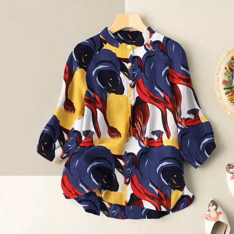 Abstract Print Lantern Sleeve Mandarin Collar Blouse-My Comfy Blouse