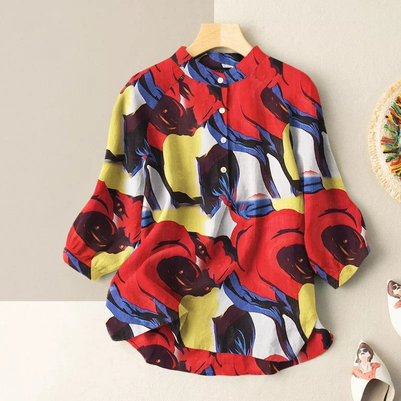 Abstract Print Lantern Sleeve Mandarin Collar Blouse-My Comfy Blouse