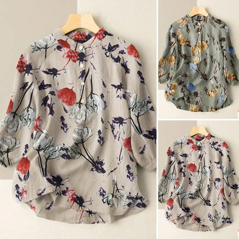Flower Print Lantern Sleeve Mandarin Collar Blouse-My Comfy Blouse