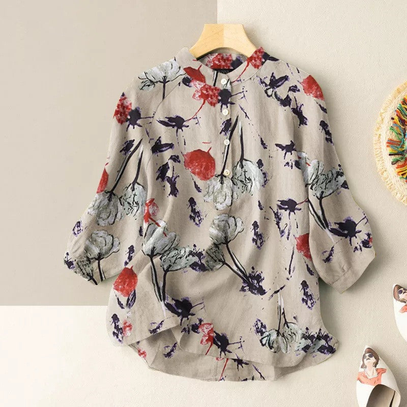 Flower Print Lantern Sleeve Mandarin Collar Blouse-My Comfy Blouse