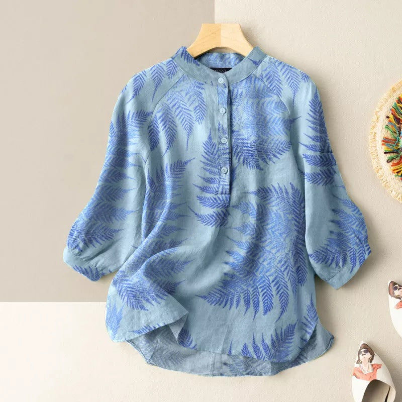 Leaf Print Lantern Sleeve Casual Blouse-My Comfy Blouse