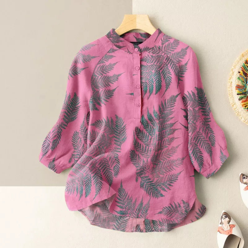 Leaf Print Lantern Sleeve Casual Blouse-My Comfy Blouse
