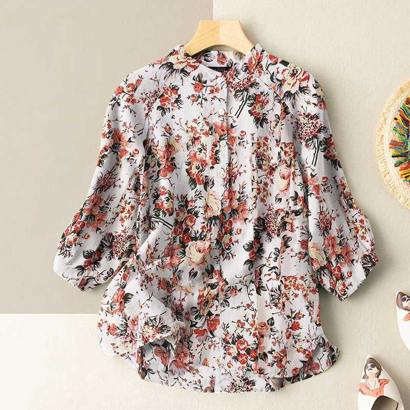 Retro Printed Three-Quarter Sleeve Blouse-My Comfy Blouse
