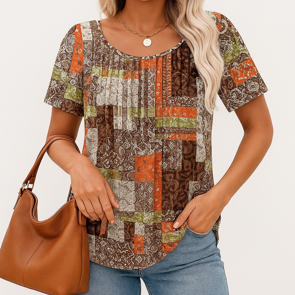 Casual Patchwork Printed T Shirt For Summer Short Sleeve Blouse-My Comfy Blouse