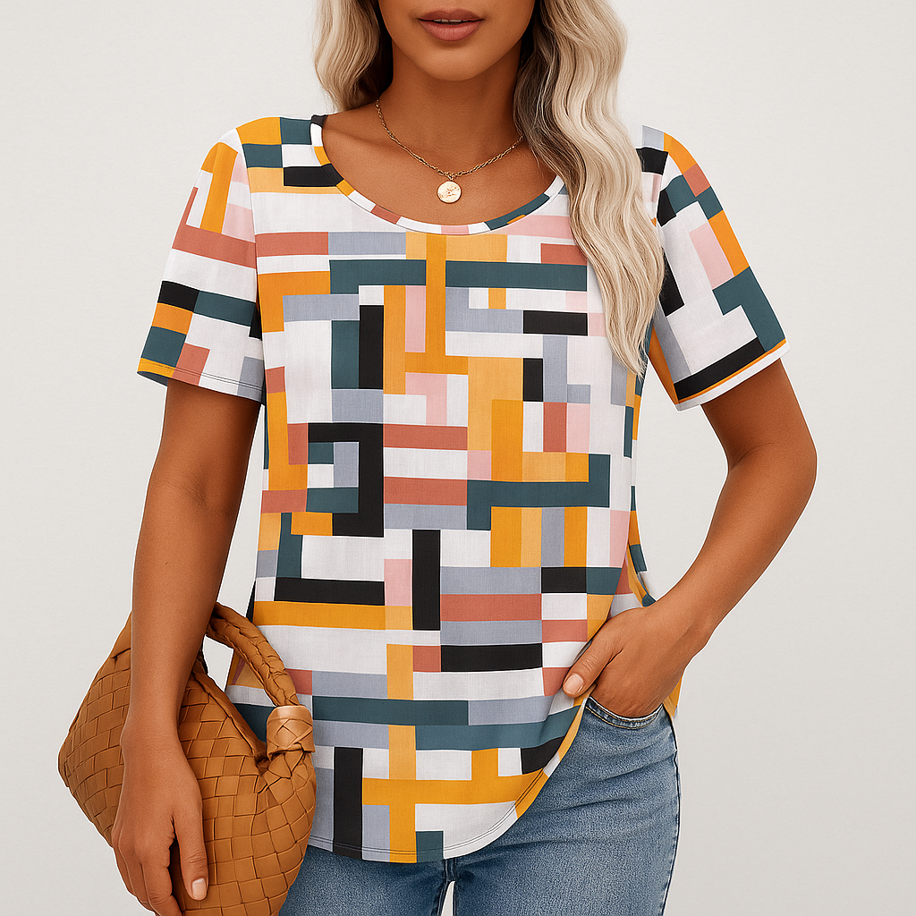 Casual Patchwork Printed T Shirt For Summer Short Sleeve Blouse-My Comfy Blouse