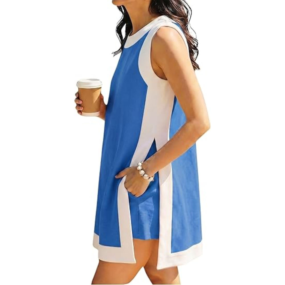 2 Piece Casual Color Block Shorts Set With Pockets For Women
