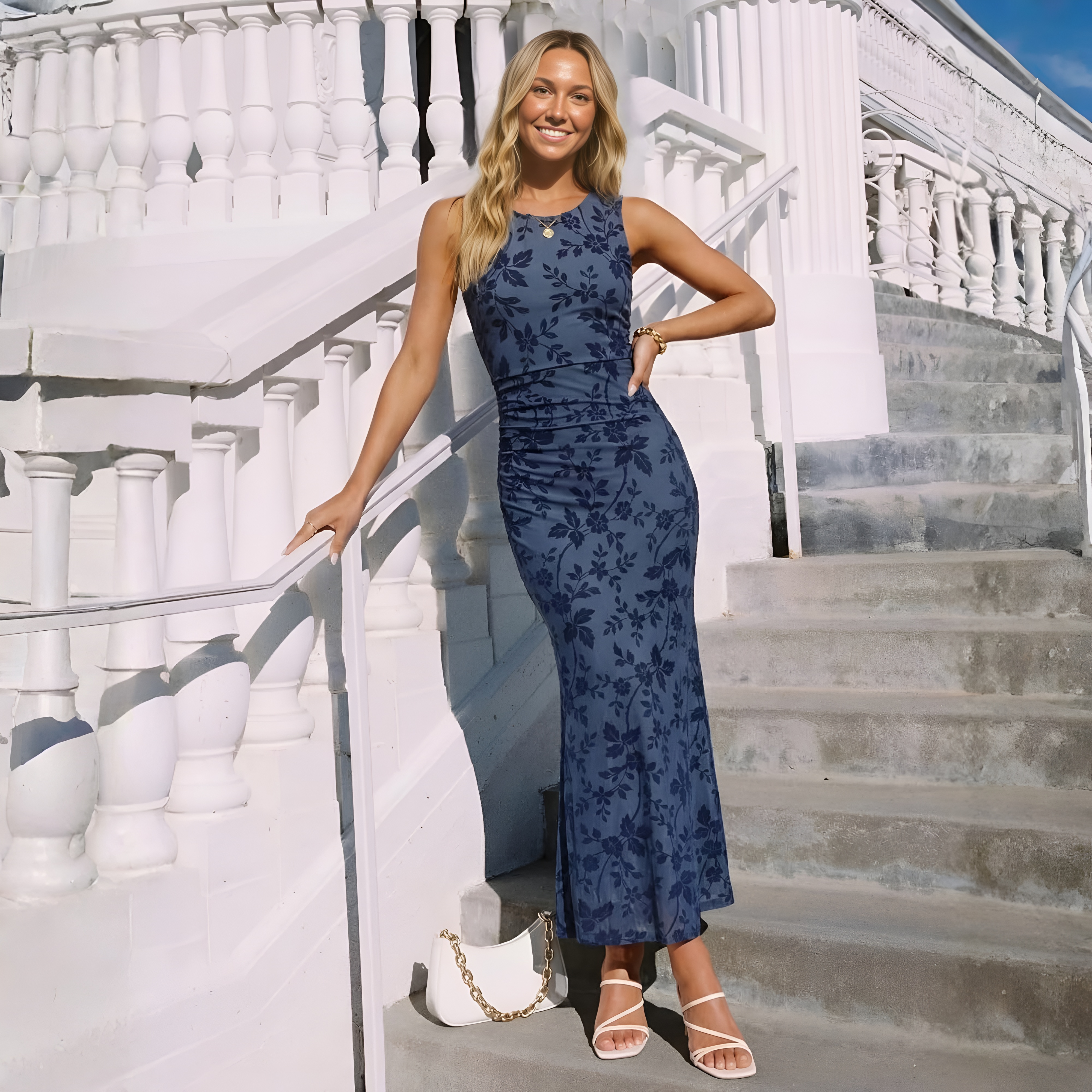 Floral Sleeveless Mesh Ruched Maxi Dress For Women