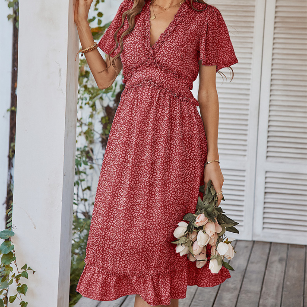 Pleated Ruffle Neck And Waist Dots Print Maxi Dress-My Comfy Blouse