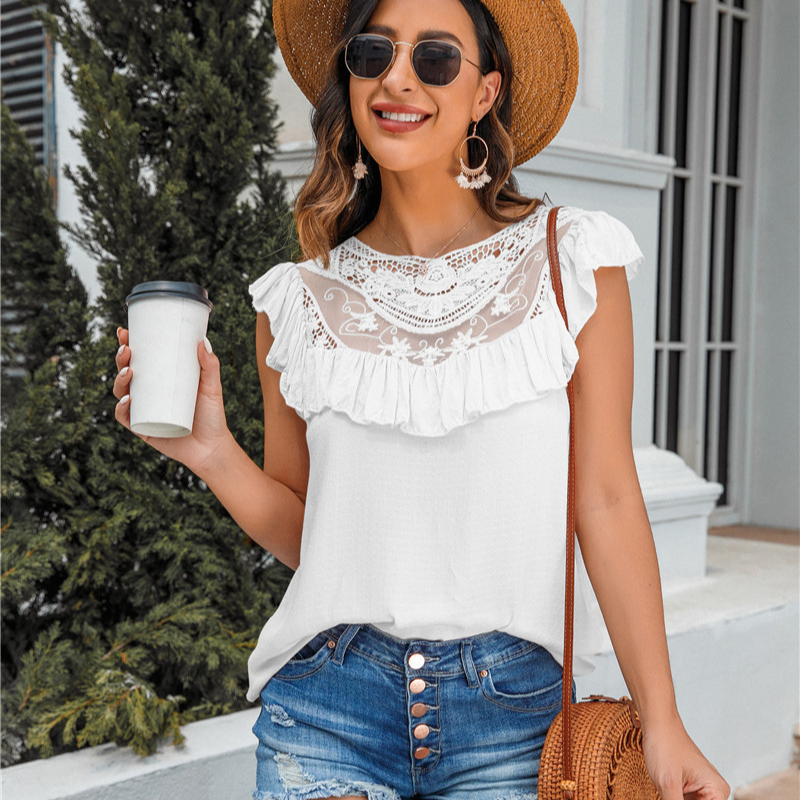 Flounce Lace Neck Design Sleeves Less Blouse-My Comfy Blouse