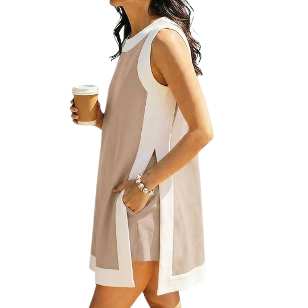 2 Piece Casual Color Block Shorts Set With Pockets For Women