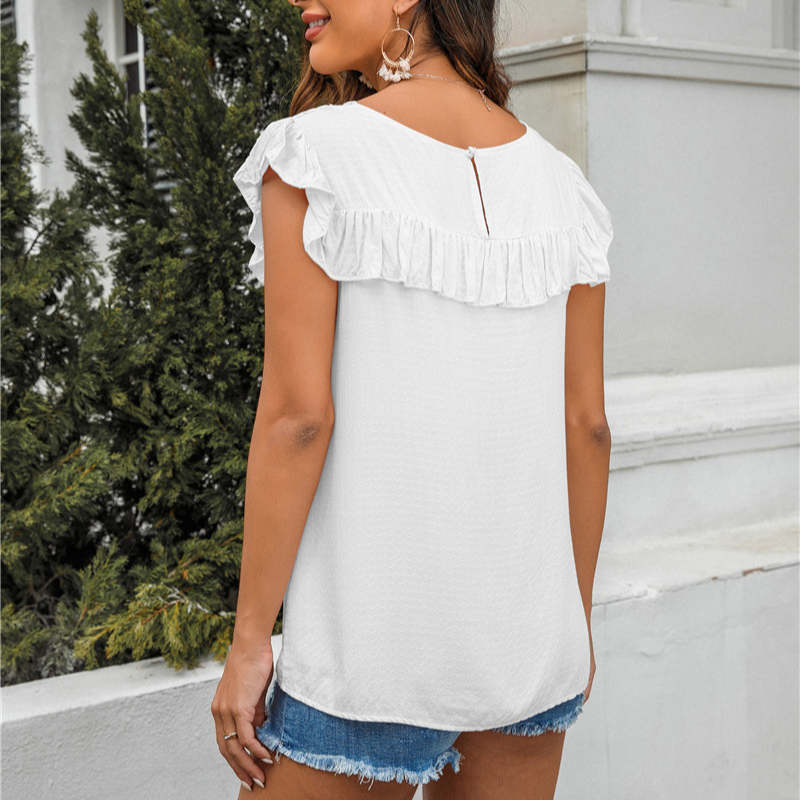 Flounce Lace Neck Design Sleeves Less Blouse-My Comfy Blouse