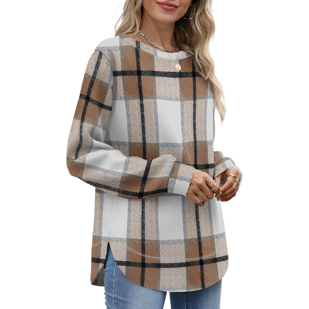 Tunic Tops for Women Loose Fit Dressy Long Sleeve Shirts Womens Sweaters Crew Neck Fall Clothing with Curved Hem