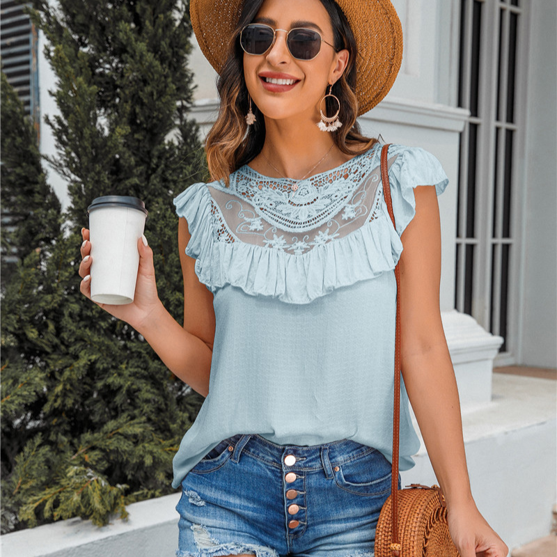 Flounce Lace Neck Design Sleeves Less Blouse-My Comfy Blouse