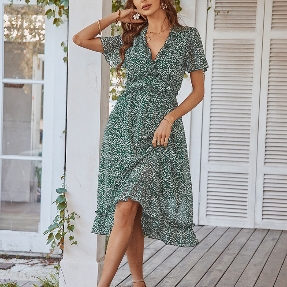 Pleated Ruffle Neck And Waist Dots Print Maxi Dress-My Comfy Blouse