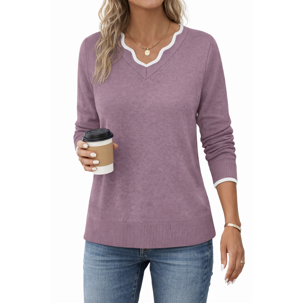 Scallop Trim Knit Pullover Cozy Lightweight Sweater For Women