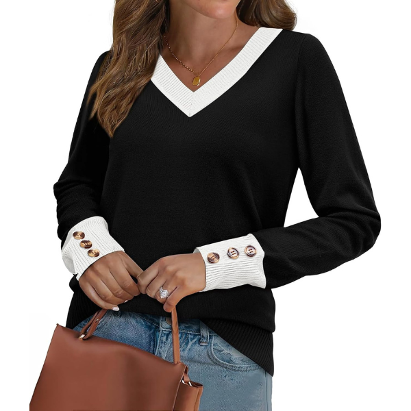 ightweight Sweaters for Women Long Sleeve V Neck Knit Outfits with Decorative Buttons