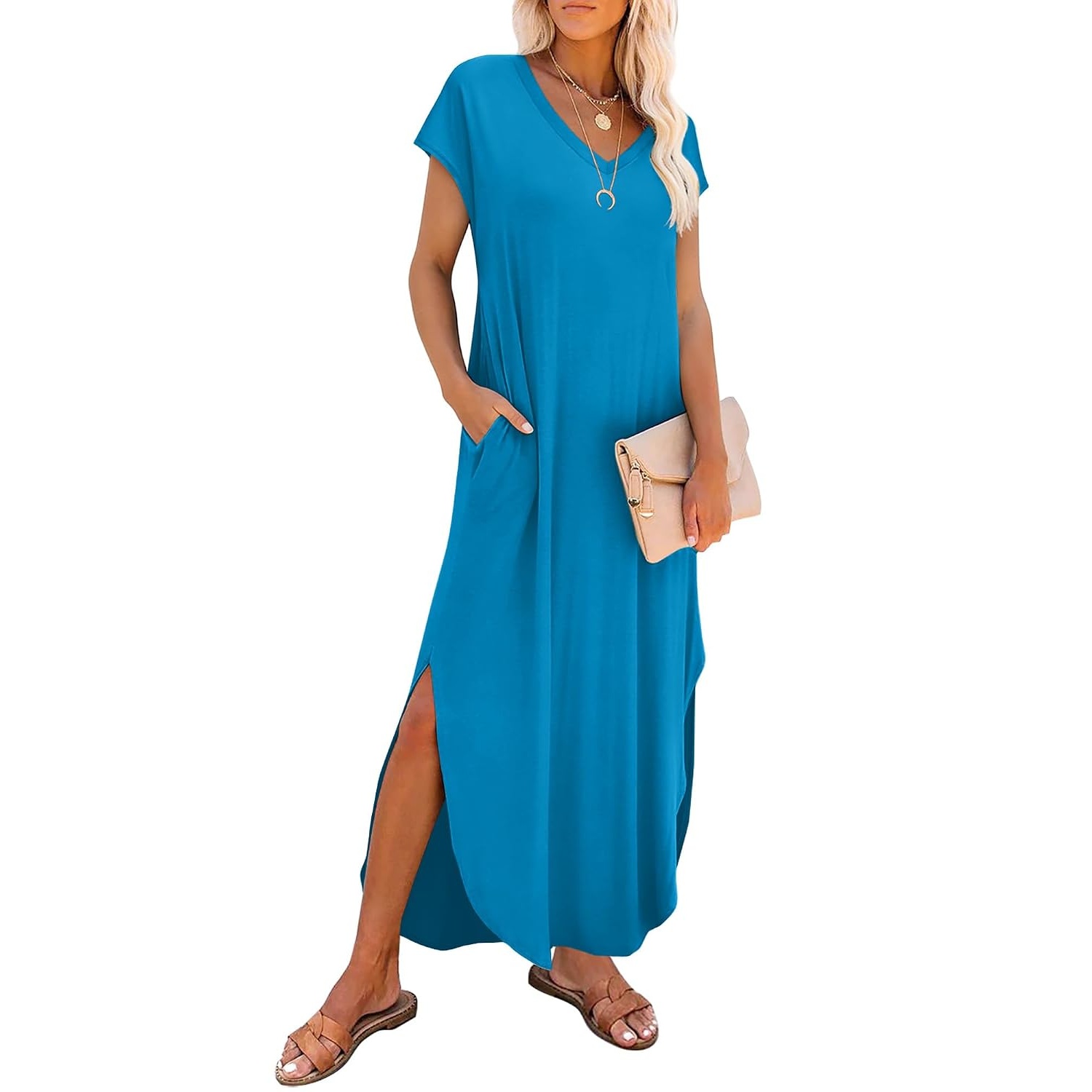 Summer Sundress Cap Sleeve ,Maxi Dress With Pockets For Women