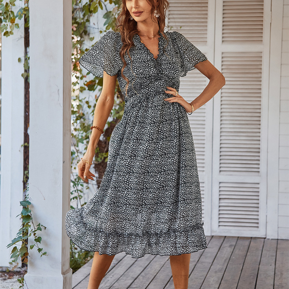 Pleated Ruffle Neck And Waist Dots Print Maxi Dress-My Comfy Blouse