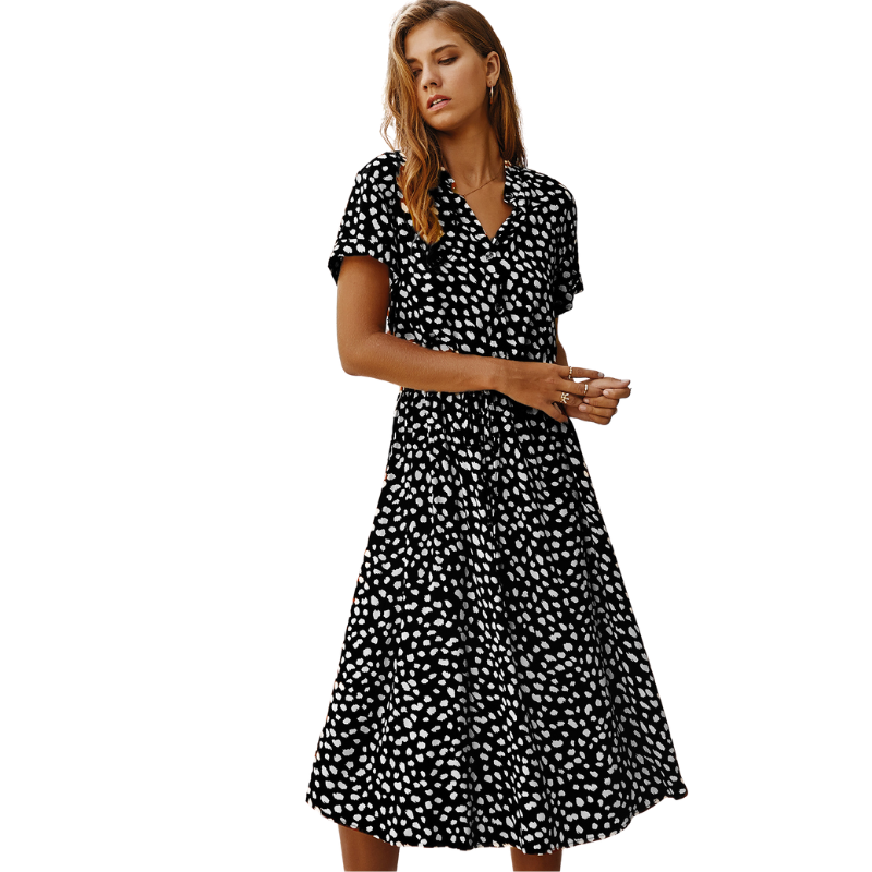 Shirt Collar Waist Tie Dot Print Maxi Dress-My Comfy Blouse