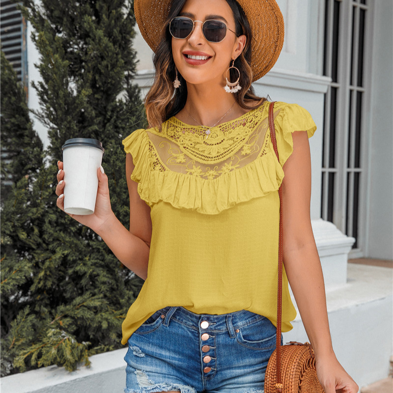 Flounce Lace Neck Design Sleeves Less Blouse-My Comfy Blouse