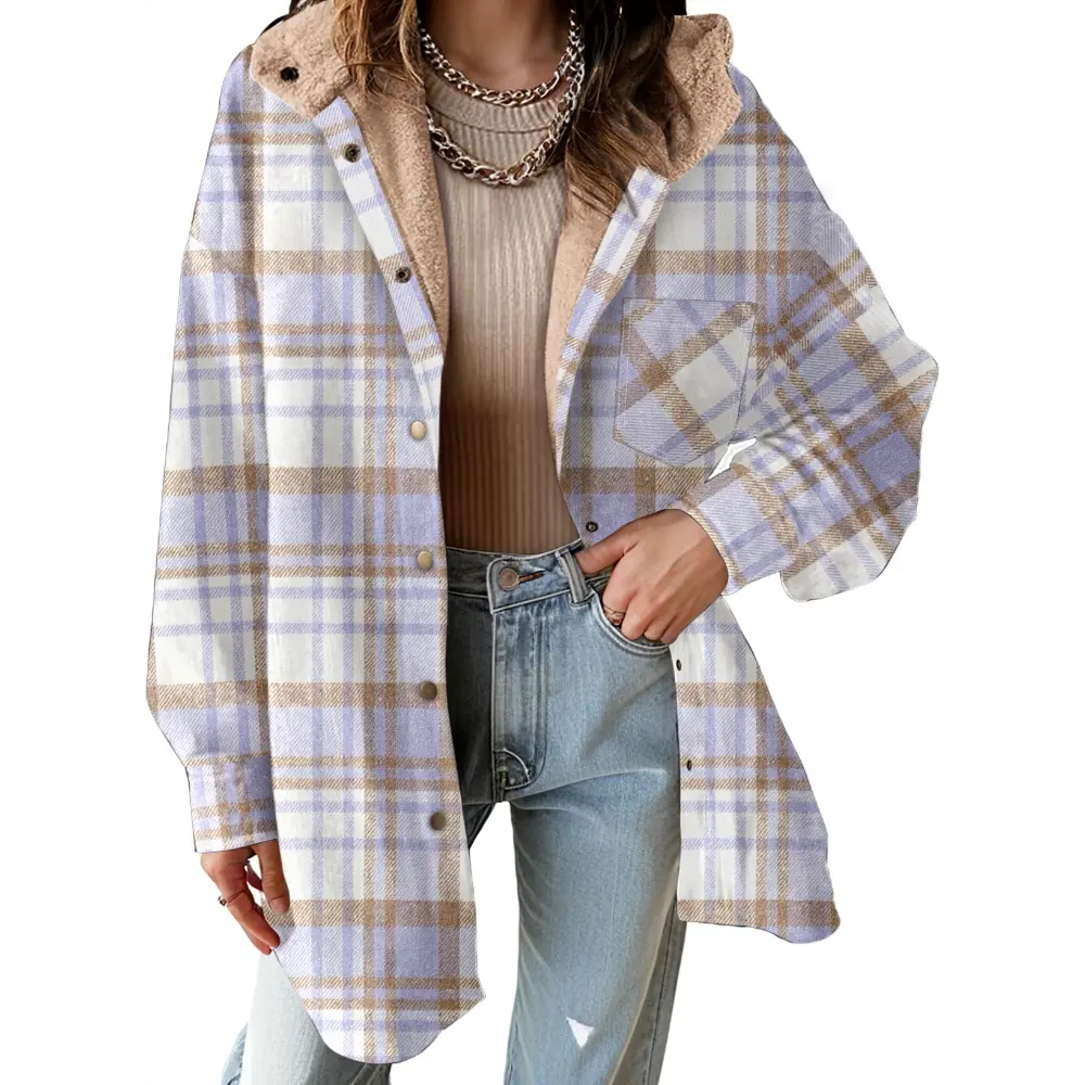 Casual Button Down Plaid Fleece Jacket With Hood For Women