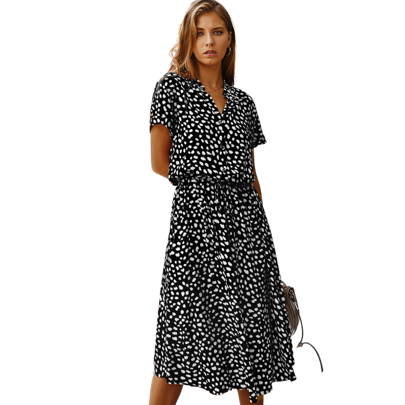 Shirt Collar Waist Tie Dot Print Maxi Dress-My Comfy Blouse