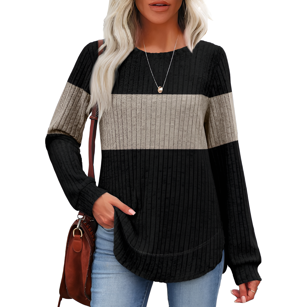 Tunic Tops for Women Loose Fit Dressy Long Sleeve Shirts Womens Sweaters Crew Neck Fall Clothing with Curved Hem