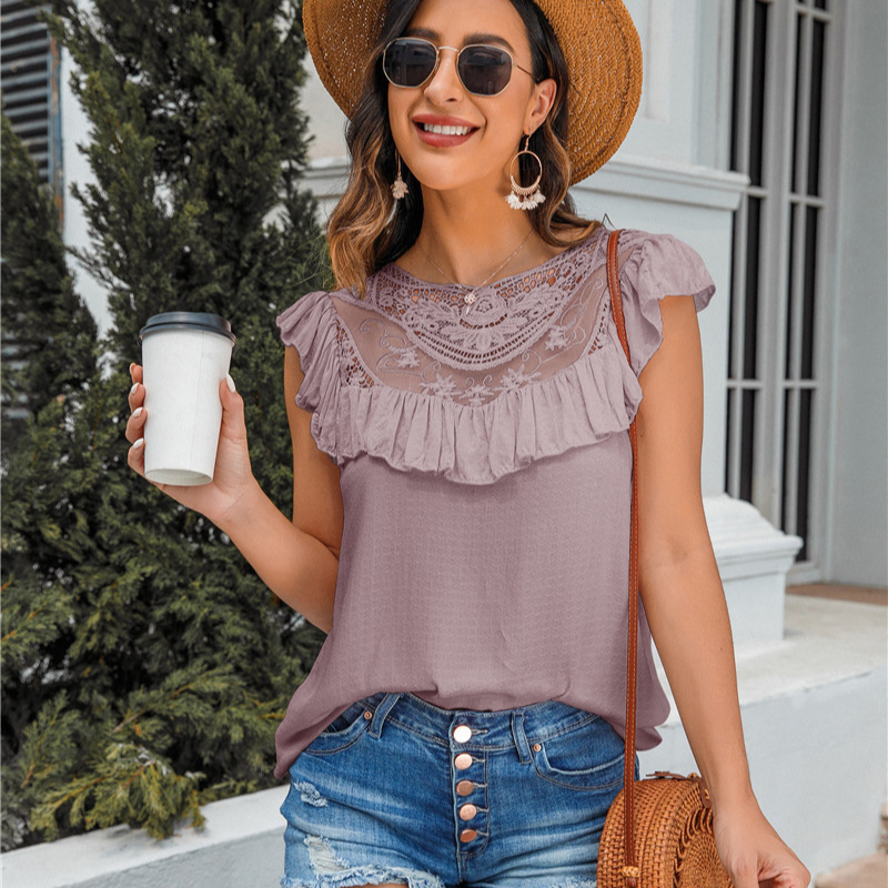 Flounce Lace Neck Design Sleeves Less Blouse-My Comfy Blouse