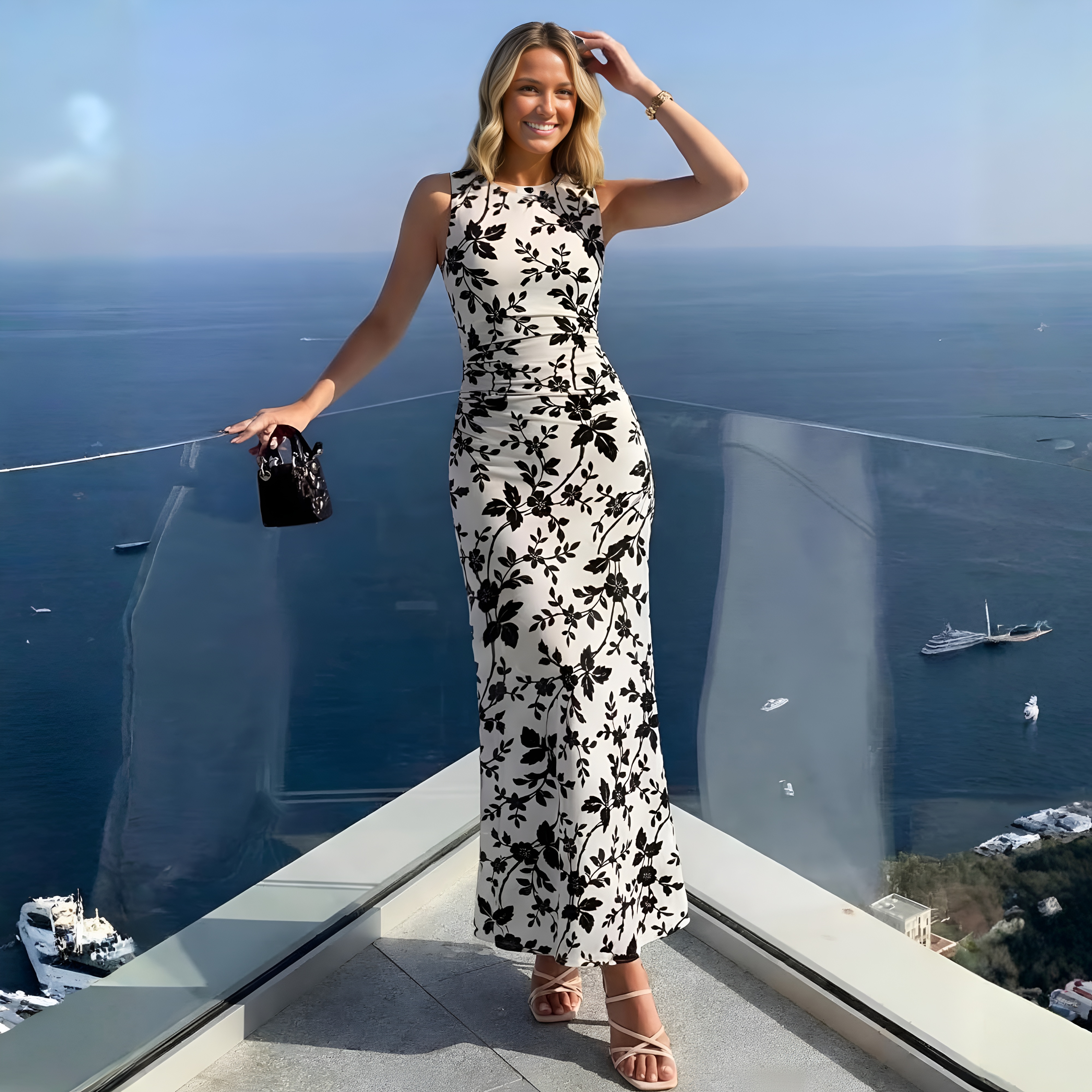 Floral Sleeveless Mesh Ruched Maxi Dress For Women