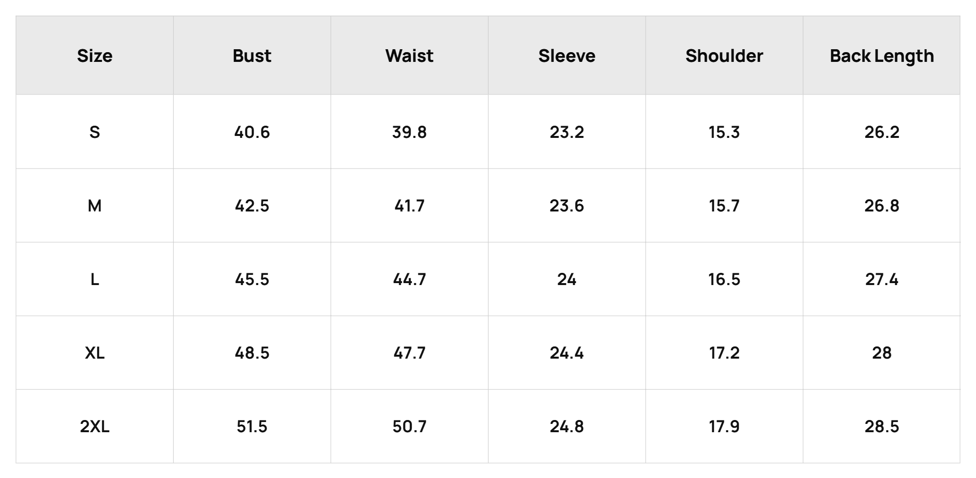 Size Chart Top