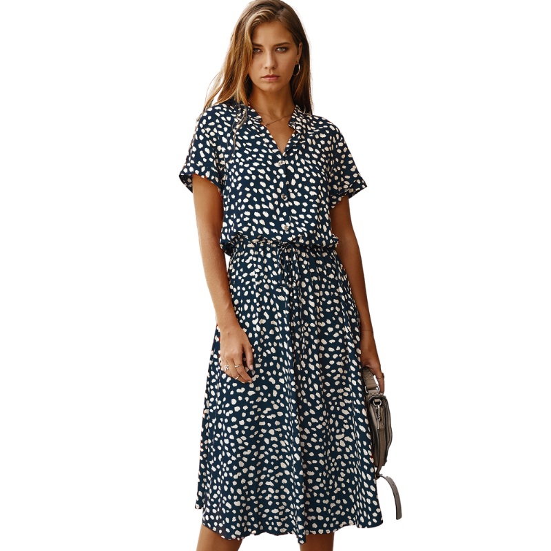 Shirt Collar Waist Tie Dot Print Maxi Dress-My Comfy Blouse