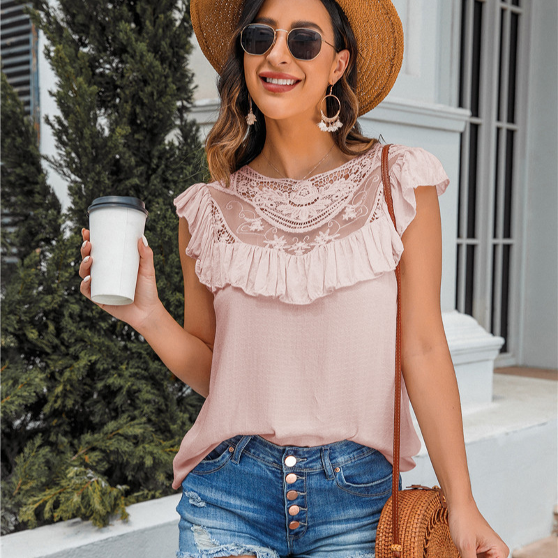 Flounce Lace Neck Design Sleeves Less Blouse-My Comfy Blouse